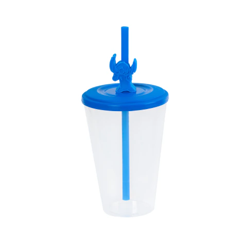 Vaso Conico Transparente con tapa y sorbete azul aplique STICH
