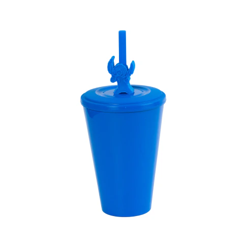 Vaso Conico Azul con tapa y sorbete azul aplique STICH