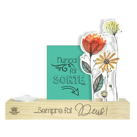 ENFEITE DE MESA COM VELA E APLIQUE FLORES,NUNCA FOI SORTE...JARDIM...14X18X4,5