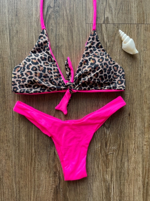 Biquini lace up pink e onça