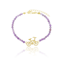 Pulsera de amatistas naturales y bicicleta en plata con baño de oro o rodio