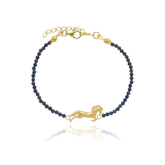 Pulseira de lápis lazuli naturais e cavalo em prata com banho de ouro ou ródio