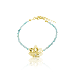 Pulsera de amazonitas naturales y flor de loto en plata con baño de oro o rodio