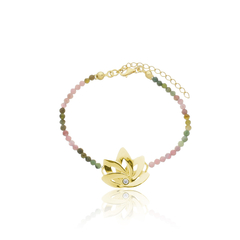 Pulsera de turmalinas naturales y flor de loto en plata con baño de oro o rodio