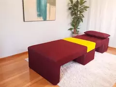 Sofá Cama Que Se Transforma Em Poltrona Cama Sarja Marrom Com Amarelo na internet