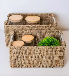 CESTO SEAGRASS GLAM NATURAL CON MANIJA CROMO MEDIANO - tienda online