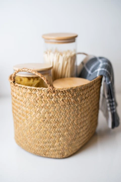 Imagen de SET x3 CANASTOS "ZANZU" CON MANIJAS DE FIBRAS NATURALES "TOSTADO"