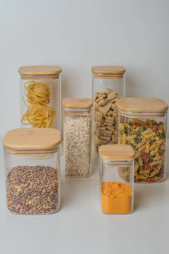 FRASCO DE VIDRIO "CAPRI" CON TAPA DE BAMBOO CUADRADA 10x13 #7 - Marian Todo Organizado