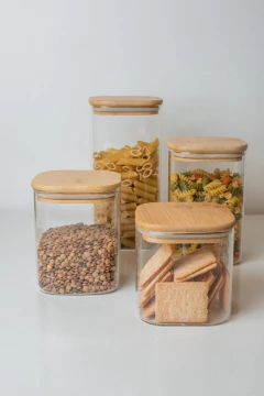 FRASCO DE VIDRIO "CAPRI" CON TAPA DE BAMBOO CUADRADA 10x13 #7 - Marian Todo Organizado