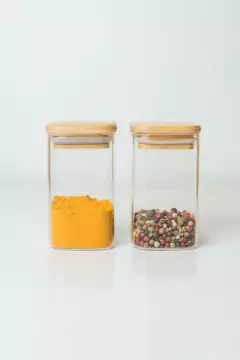 FRASCO DE VIDRIO "CAPRI" 6x9 CM CON TAPA DE BAMBOO CUADRADA #1 - Marian Todo Organizado