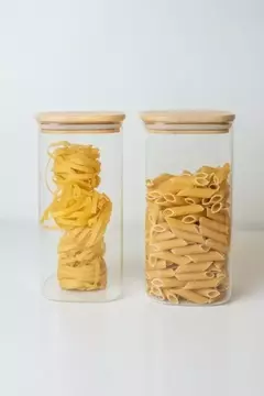 FRASCO DE VIDRIO " CAPRI" CON TAPA DE BAMBOO CUADRADA 10 X 30 CM - comprar online