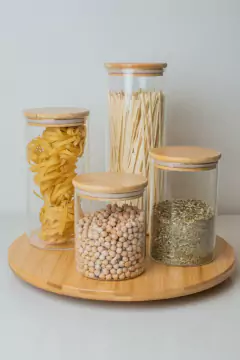 COMBO x4 FRASCOS "CAPRI" DE VIDRIO CON TAPA DE BAMBOO REDONDOS SURTIDOS - comprar online