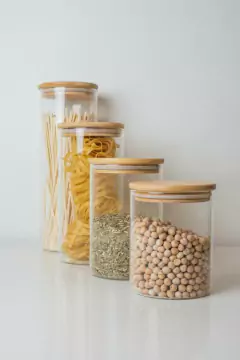 COMBO x4 FRASCOS "CAPRI" DE VIDRIO CON TAPA DE BAMBOO REDONDOS SURTIDOS - Marian Todo Organizado