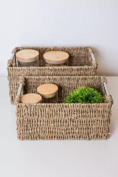 CESTO SEAGRASS GLAM NATURAL CON MANIJA CROMO GRANDE - tienda online