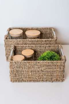 CESTO SEAGRASS GLAM NATURAL CON MANIJA CROMO MEDIANO - comprar online