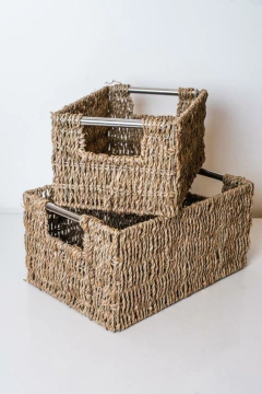 CESTO SEAGRASS GLAM NATURAL CON MANIJA CROMO MEDIANO - comprar online