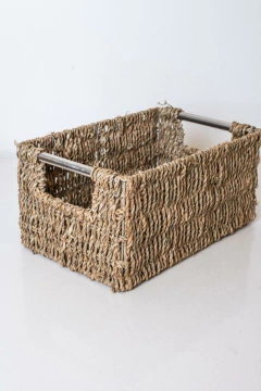 CESTO SEAGRASS GLAM NATURAL CON MANIJA CROMO MEDIANO - Marian Todo Organizado