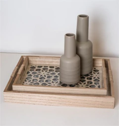 BANDEJA "RUFKY" MANDALA DE MADERA NATURAL "S" CON BASE DE VIDRIO