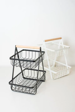 CANASTO DE METAL "PEKAN" 2 PISOS CON MANIJA DE MADERA - comprar online