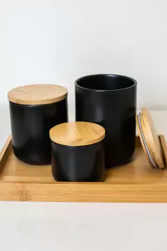 FRASCO DE CERAMICA "L" NEGRO CON TAPA DE BAMBOO - tienda online