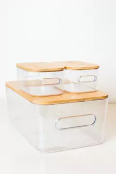 CAJA "ISABELLA" TRANSPARENTE "S" CON TAPA DE BAMBOO Y ASAS en internet