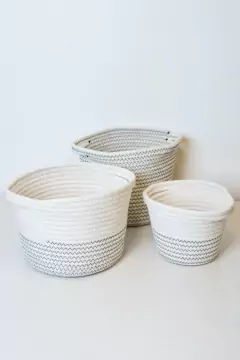 SET x3 CANASTOS "OLIVER" TEJIDOS GRIS Y BLANCO CON MANIJAS