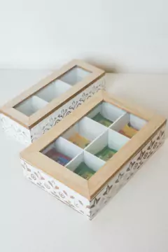 CAJA DE TE "SASHA" DE MADERA CON TAPA Y 6 DIVISIONES - tienda online
