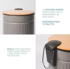 CESTO DE RESIDUOS "VINTAGE" CON PEDAL GRIS CON TAPA DE BAMBOO 5 LITROS en internet