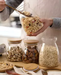 FRASCOS HERMETICOS "ANACAPRI" DE VIDRIO "S" CON TAPA DE BAMBOO - Marian Todo Organizado