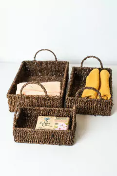 SET x3 CANASTOS "GLAMY" DE SEAGRASS RECTANGULARES CON MANIJAS