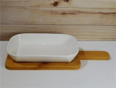 COPETINERO FUENTE RECTANGULAR "GRECIA" DE CERAMICA CON BASE DE BAMBOO