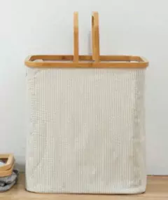 CANASTO "PERSA LAUNDRY" CON MANIJAS BAMBOO Y TELA IMPERMEABLE CRUDO CON RAYITAS - comprar online