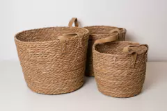 SET x3 CESTOS SEAGRASS NATURAL "CHIESA" CON MANIJAS DE ECOCUERO MARRONES / "S" "M" "L"