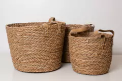 SET x3 CESTOS SEAGRASS NATURAL "CHIESA" CON MANIJAS DE ECOCUERO MARRONES / "S" "M" "L" - comprar online