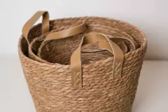 SET x3 CESTOS SEAGRASS NATURAL "CHIESA" CON MANIJAS DE ECOCUERO MARRONES / "S" "M" "L" en internet
