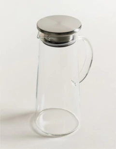 JARRA DE VIDRIO "CADIZ" LISA CON TAPA DE ACERO CON FILTRO Y MANIJA DE VIDRIO REDONDEADA 1.4 LTS