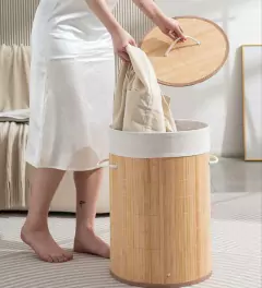 ORGANIZADOR / CESTO "MALAGA" LAUNDRY REDONDO NATURAL CON LIENZO DE BAMBOO - tienda online