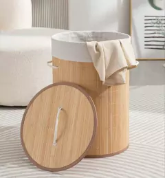 ORGANIZADOR / CESTO "MALAGA" LAUNDRY REDONDO NATURAL CON LIENZO DE BAMBOO - comprar online