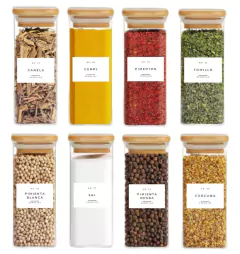 COMBO x3 FRASCOS "CAPRI" CUADRADOS 6,5x15 cm DE VIDRIO CON TAPA DE BAMBOO