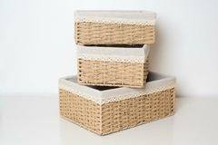 CANASTO RECTANGULAR "GIRONA" CON LIENZO "M" PAPEL DE ARROZ - Marian - Todo Organizado