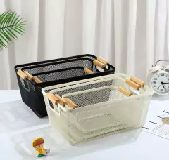 CANASTO DE METAL "TRACY" "S" CON MANIJAS DE MADERA - comprar online