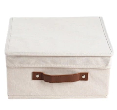 CAJA PLEGABLE "REMI" DE TELA "L" CON TAPA Y MANIJA DE CUERO - comprar online