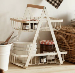 CANASTO DE METAL "PEKAN" 2 PISOS CON MANIJA DE MADERA - Marian Todo Organizado