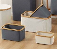 CANASTO "PERSA LAUNDRY" CON MANIJAS BAMBOO Y TELA IMPERMEABLE CRUDO CON RAYITAS en internet