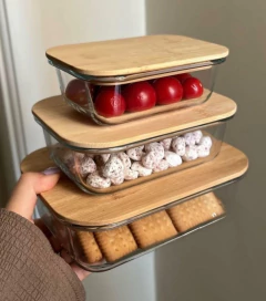 COMBO X 3 "VALSEN" HERMETICO DE VIDRIO CON TAPA BAMBOO - Marian - Todo Organizado