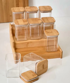 COMBO x12 FRASCOS "CAPRI" 6 X 9 CM DE VIDRIO CON TAPA DE BAMBOO CUADRADO