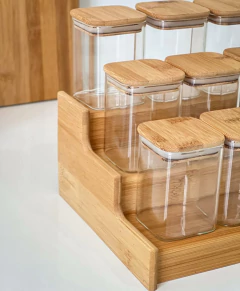 COMBO x12 FRASCOS "CAPRI" 6 X 9 CM DE VIDRIO CON TAPA DE BAMBOO CUADRADO - comprar online