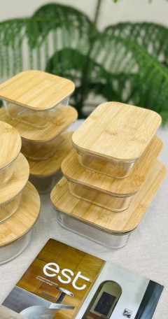 COMBO X 3 "VALSEN" HERMETICO DE VIDRIO CON TAPA BAMBOO