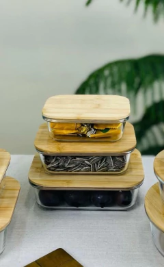 COMBO X 3 "VALSEN" HERMETICO DE VIDRIO CON TAPA BAMBOO - tienda online