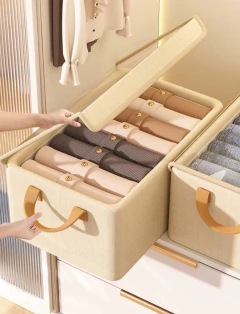 CAJA PLEGABLE TELA "MALKA" CON MANIJA Y TAPA TRANSPARENTE "L" - tienda online